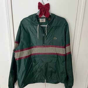 Vintage Authentic Lacoste Forest Green Windbreaker with Red Stripes, GUC
